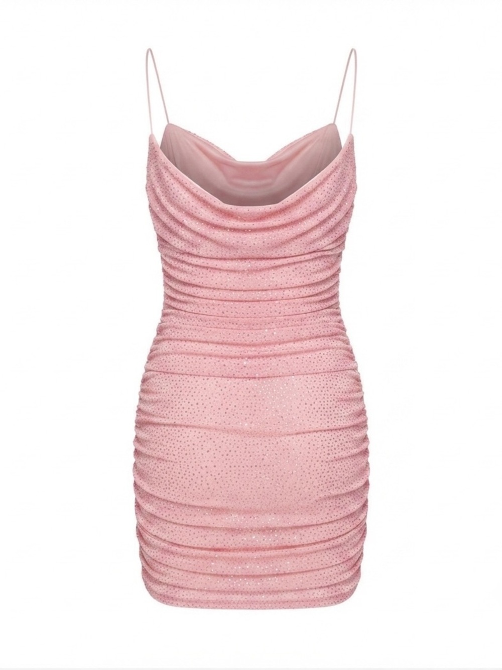 Oh Polly Pink Glitter Ruched Mini Dress - Cowl Neck Bodycon - Size US 4
